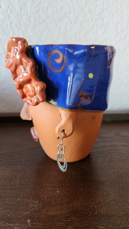 Bird Brain Inc Folk Art Terra Cotta Clay Planter Woman Flower Hat