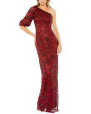 Mac Duggal Red Black One-Shoulder Puff Sleeve Embellished Column Gown 4 $598