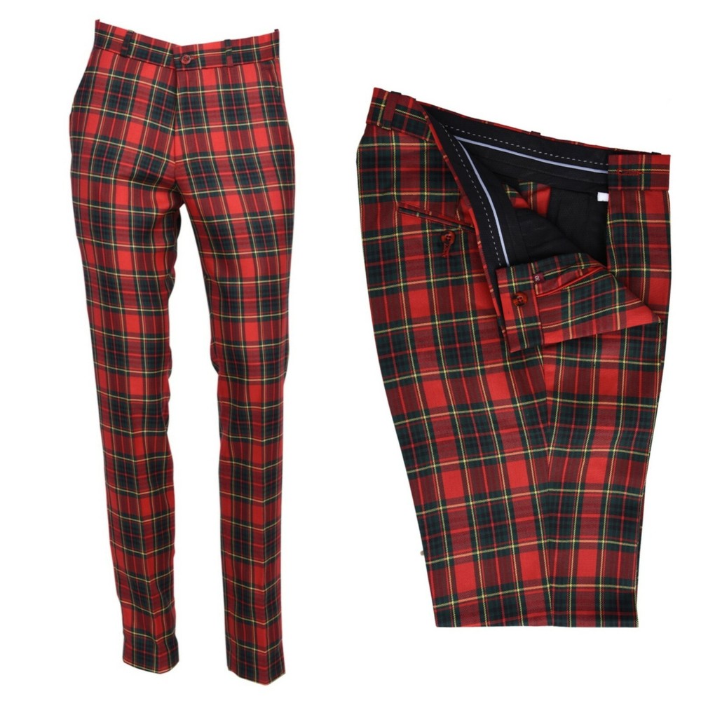 Men's Retro Vintage Sta Press Tartan Golf Trousers 60s 70s Slim Fit Red Stewart