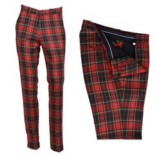 Men's Retro Vintage Sta Press Tartan Golf Trousers 60s 70s Slim Fit Red Stewart 