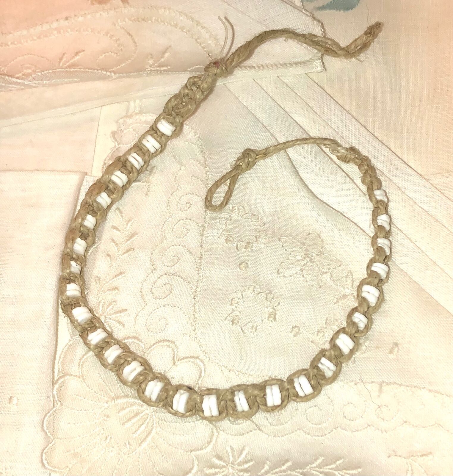 Macramé White Bead Bracelet Anklet Adjustable Cho… - image 2