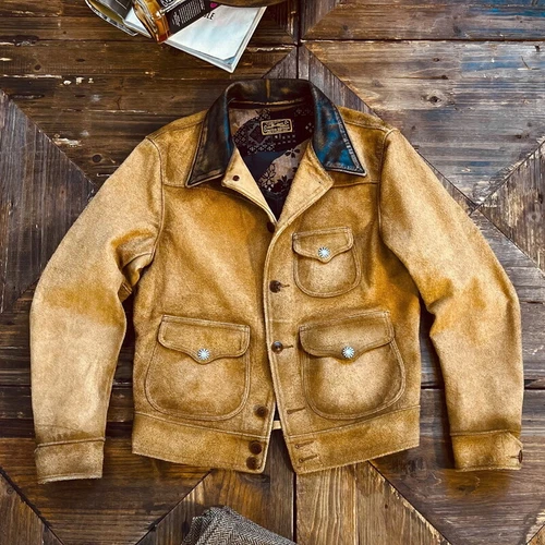 Mens Retro Suede Cowhide Leather American Wild Western Vintage Style Jacket - Picture 16 of 16