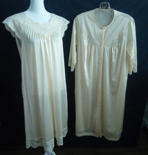 Vtg 1950s Peignoir Nightgown Robe Ivory Set 2pc Nylon Lace Size-S/M