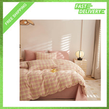 Duvet Cover Set, Cotton, Twin Size, Pink Yellow Gingham Pattern, Reversible