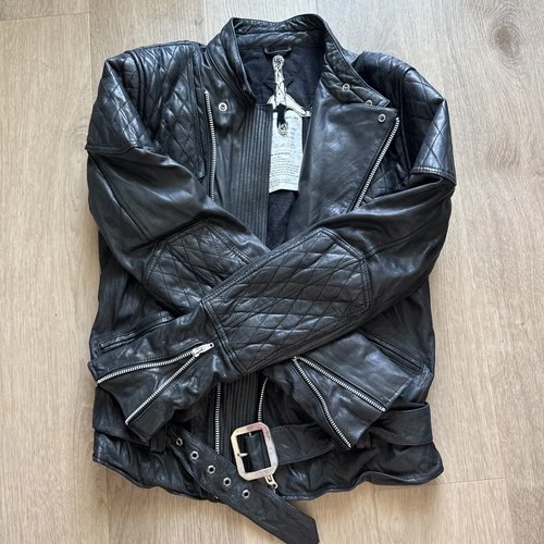 Private Brand AG Black Goat Leather Biker Jacket Quilted Moto XL Japanese Brand image 9