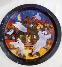 Vintage 80s/90s Halloween Party Metal Tin Tray Giftco Ghosts Haunted House 12in