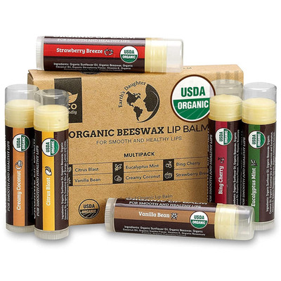 USDA Organic Lip Balm 6-Pack - Fruit Flavors, Beeswax, Coconut Oil, Vitamin E -