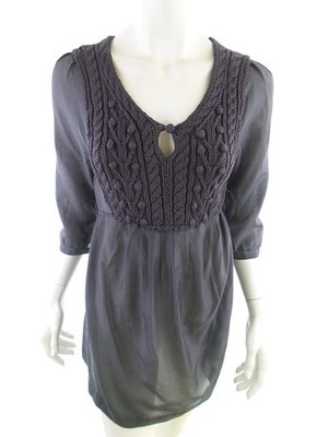 DRANELLA Damen Tunika Bluse Gr. 34 Grau Baumwolle 3/4 Ärmel Stickerei Einfarbig