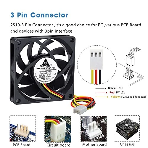 GDSTIME 12V Computer Fan 70mm CPU Fan 70 x 15mm CPU Cooler 7CM PC Fan 3 Pin Fan - Image 2 of 4