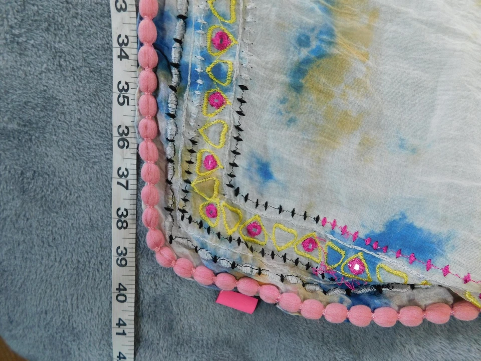 Betsey Johnson Scarf Womens One Size Tie Dye Pom Pom Trim Embroidered Boho Wrap - Image 4 of 4