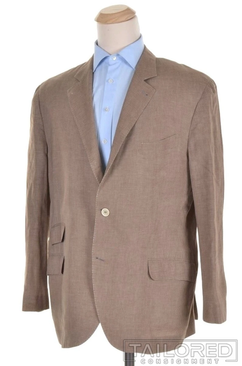 Brunello Cucinelli — BRUNELLO CUCINELLI Beige Houndstooth Cotton Linen Blazer Sport Coat Jacket 46 R