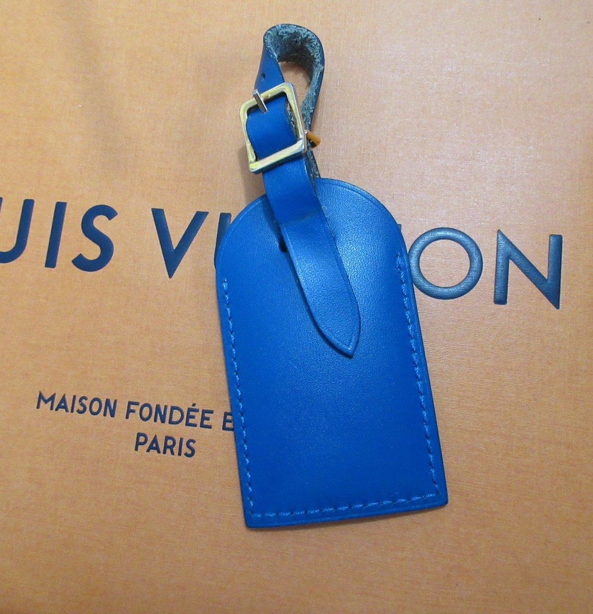 Louis Vuitton Luggage Name Tag Large Blue Leather w/brass hw NO