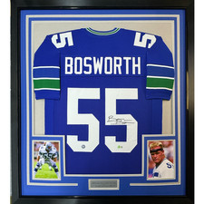Framed Autographed/Signed Brian Bosworth 35x39 Seattle Blue Jersey JSA COA