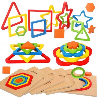 Toddler Puzzles Montessori Toy Wooden Shape Sorting Puzzle Sensory Toy Toddle...