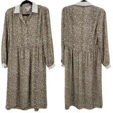 Vtg 70s Tan Zebra Long Sleeve Collared Midi Dress Sz S Sheer Modest Church