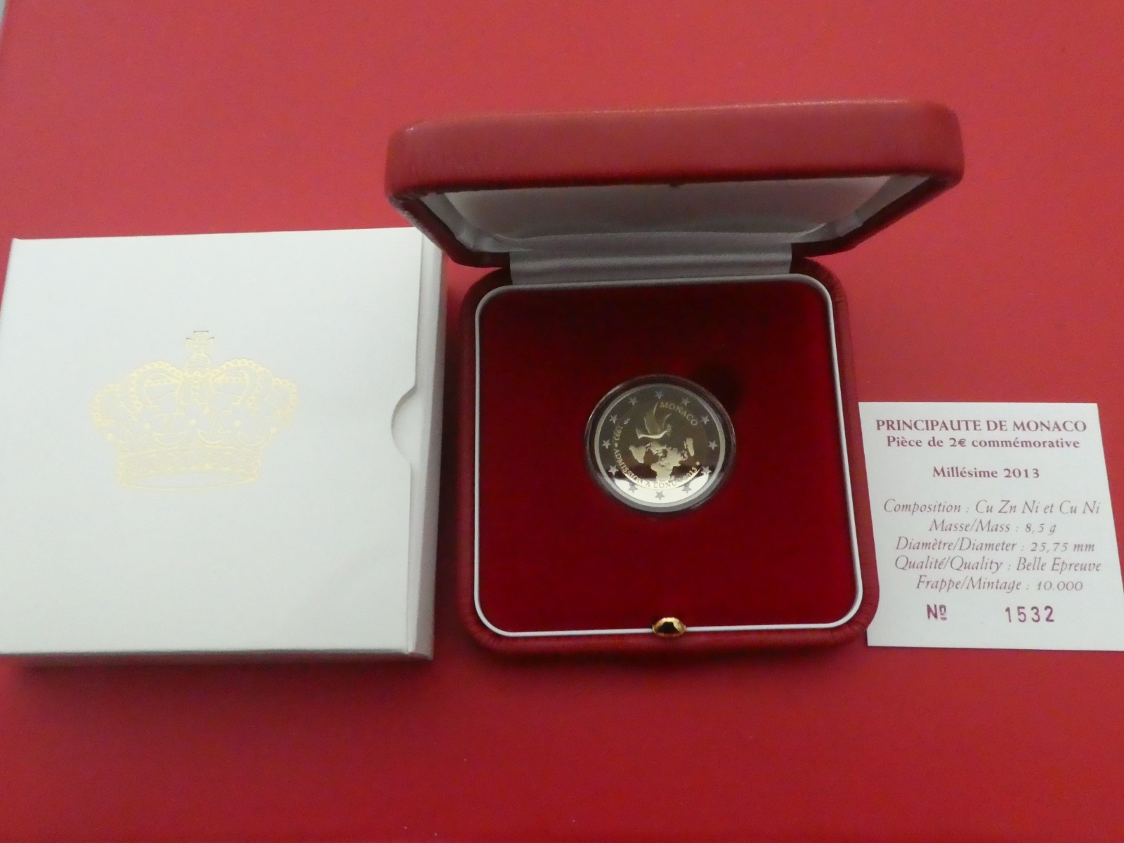 Monaco, 2 euros, 20 ans de l'ONU, 2013, PP, en boîte, original