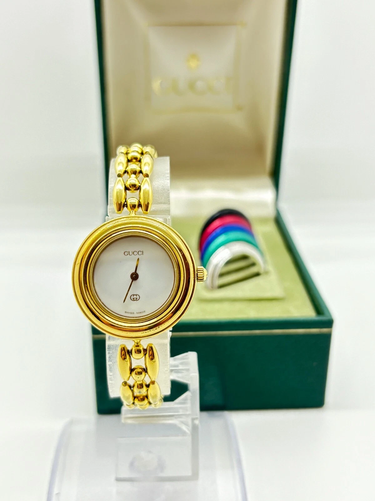 [Exc+5 avec boite] Montre GUCCI lunette changeante 11/12 6 couleurs or occasion fonctionne F/S