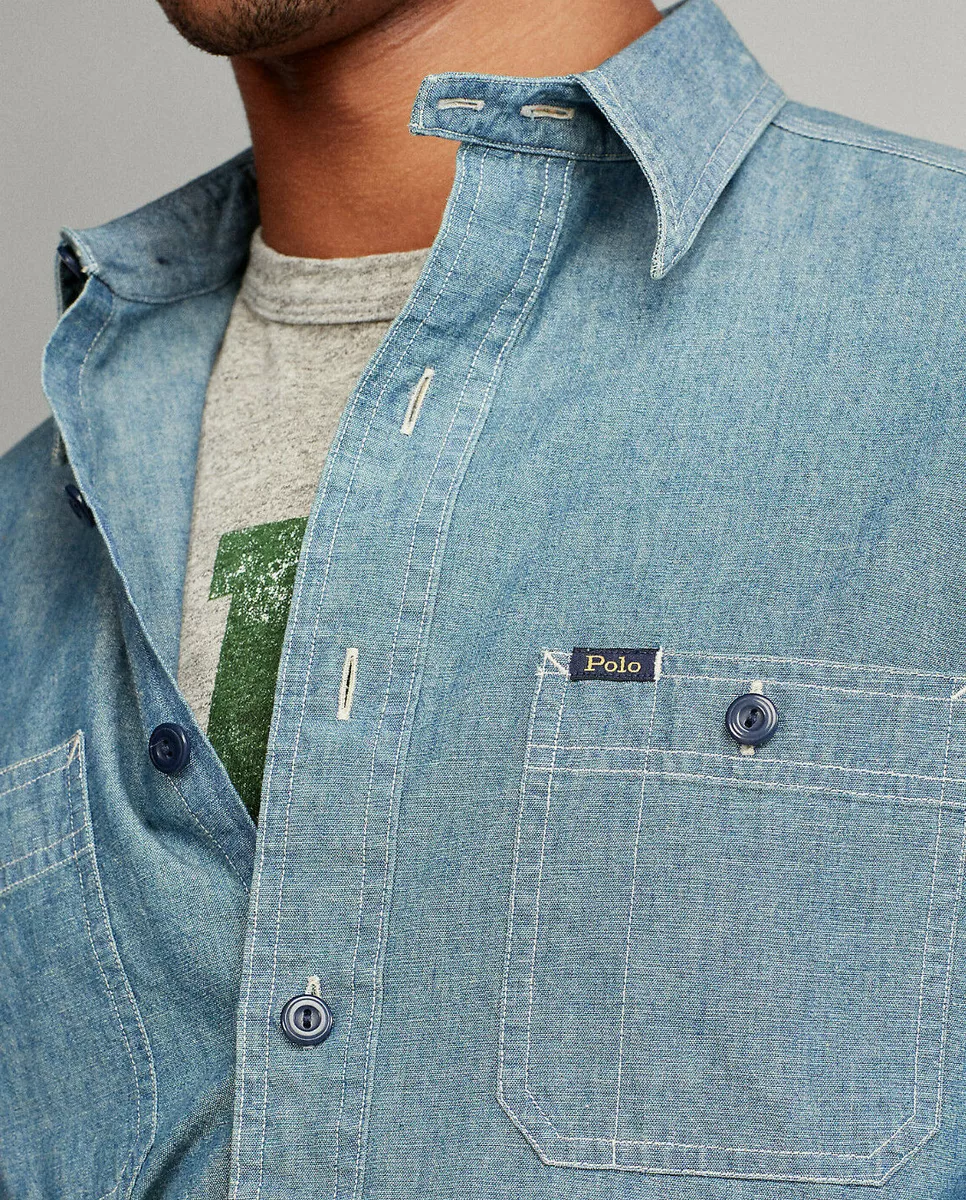 POLO RALPH LAUREN CLASSIC FIT INDIGO JAPANESE COTTON CHAMBRAY WORKSHIRT  $148+P