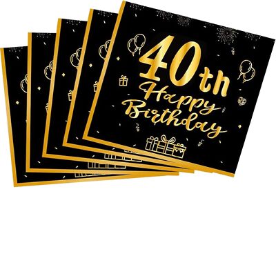 40 Pack 40th Birthday Napkins Black and Gold Theme Vintage 1984 Happy Birthda...