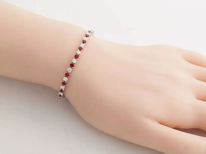 7CT Round Cut Red Ruby Lab Created Diamond Tennis Bracelet 14K White Gold Plated - Image 2 of 4