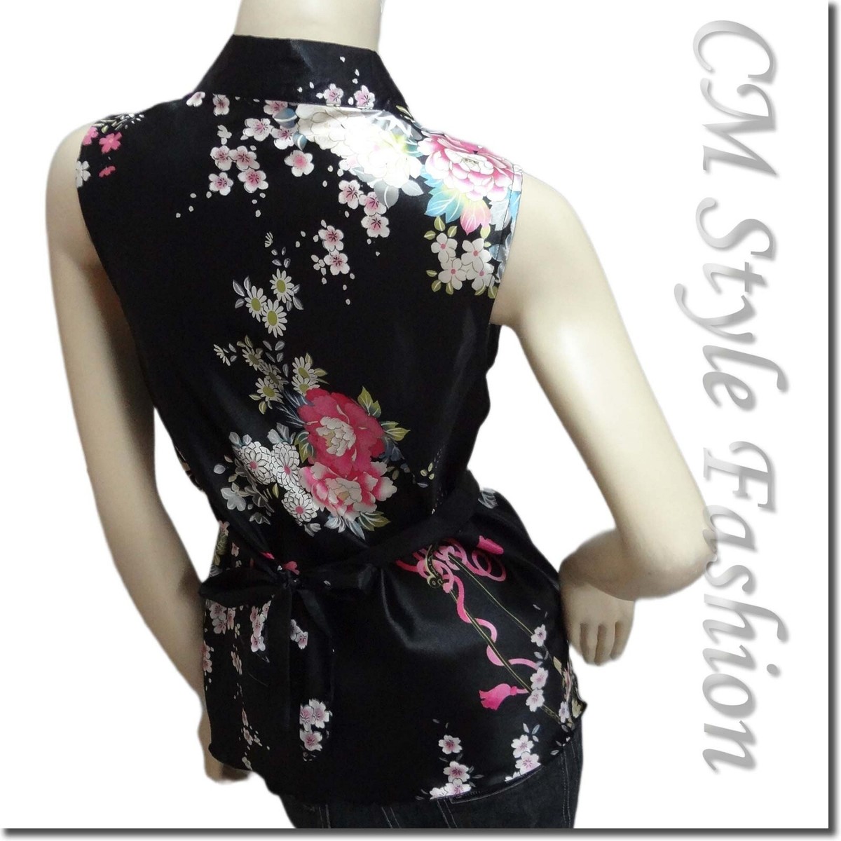 Japanese Kimono Sleeveless Floral Silky Satin Tank Top Black
