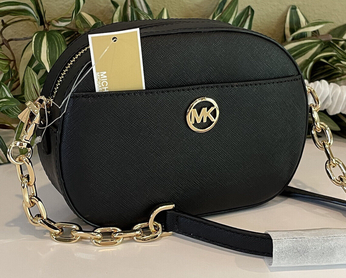 MICHAEL KORS JET GLAM POCKET CROSSBODY BAG BLACK LEATHER GOLD | eBay