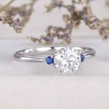 Art Deco Style Lab-Created Diamond Round Cut  Sapphire Ring 14k White Gold FN