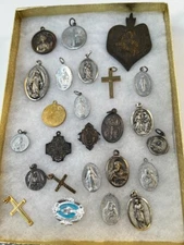 Vintage Catholic Medals Crosses Lovely Assortment of Items Box not Included