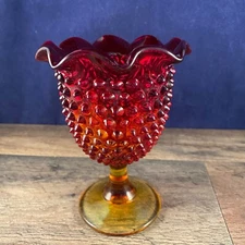 Vintage Amberina Hobnail Glass Compote Footed Pedestal Bowl 4"Dia 5.5"H