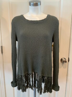 Eri & Ali Olive Green Ribbed Shirt W/ Fringe Trim & V-Wrap Back, Size Medium