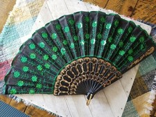Peacock Emerald Green Embroidered Fabric Folds Handheld Fan Sequin Party Bridal