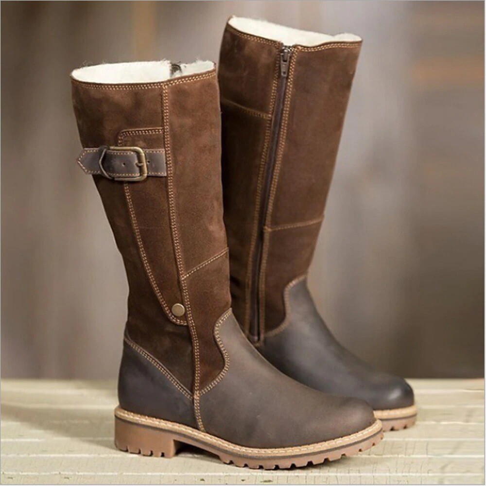Winter Boots Women Leather-Flock Plush 