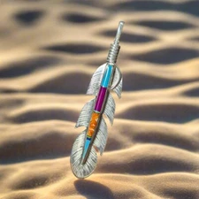 Sterling Silver Southwestern Artisan Signed OP Large 3" Mosaic Gemstone Feather