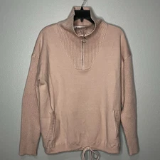 Anrabess 1/4 Zip High Neck Sweater Women Large Pink Ribbed Tie Waist Pockets