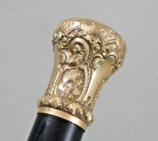 EXCEPTIONAL ANTIQUE WALKING CANE STICK ORNATE GOLD FILLED HANDLE EBONY WOOD 19c