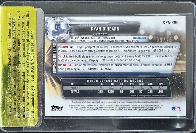 2017 Bowman Chrome - Prospect Autographs Ryan O'Hearn 19/25 Orange Refractor  - Image 2 of 2