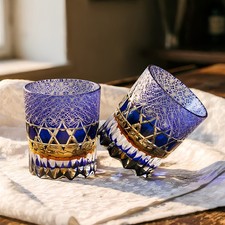 Set of 2 Edo Kiriko Crystal Whiskey Glasses 8.8oz, Hand-Cut Japanese Tumblers