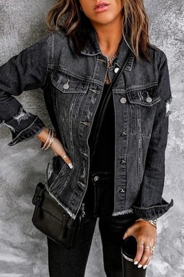 Classic Black Jean Denim Jacket Basic Long Sleeve Button Down Distressed Sz M