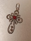 Filigree Crucifix Cross Pendant Charm with Red Center Stone Christianity 1" — photo 3