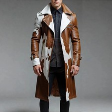 Men Western Cowhide Hair On Leather Trench Long Coat Cow Print Pony-Skin Jacket