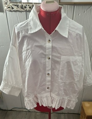 We The Free Ivory Ruffle Button-Up Blouse Collared Lightweight L 3/4 Sleeve