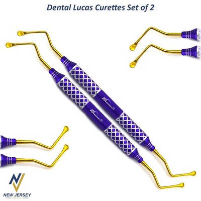 Dental Lucas Curettes Set of 2 Surgical Bone Curettes Serrated Gold Coated Tips