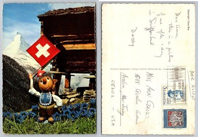 Matterhorn Switzerland Casy Boy Doll Swiss Flag Gentian Flowers Postcard 1972