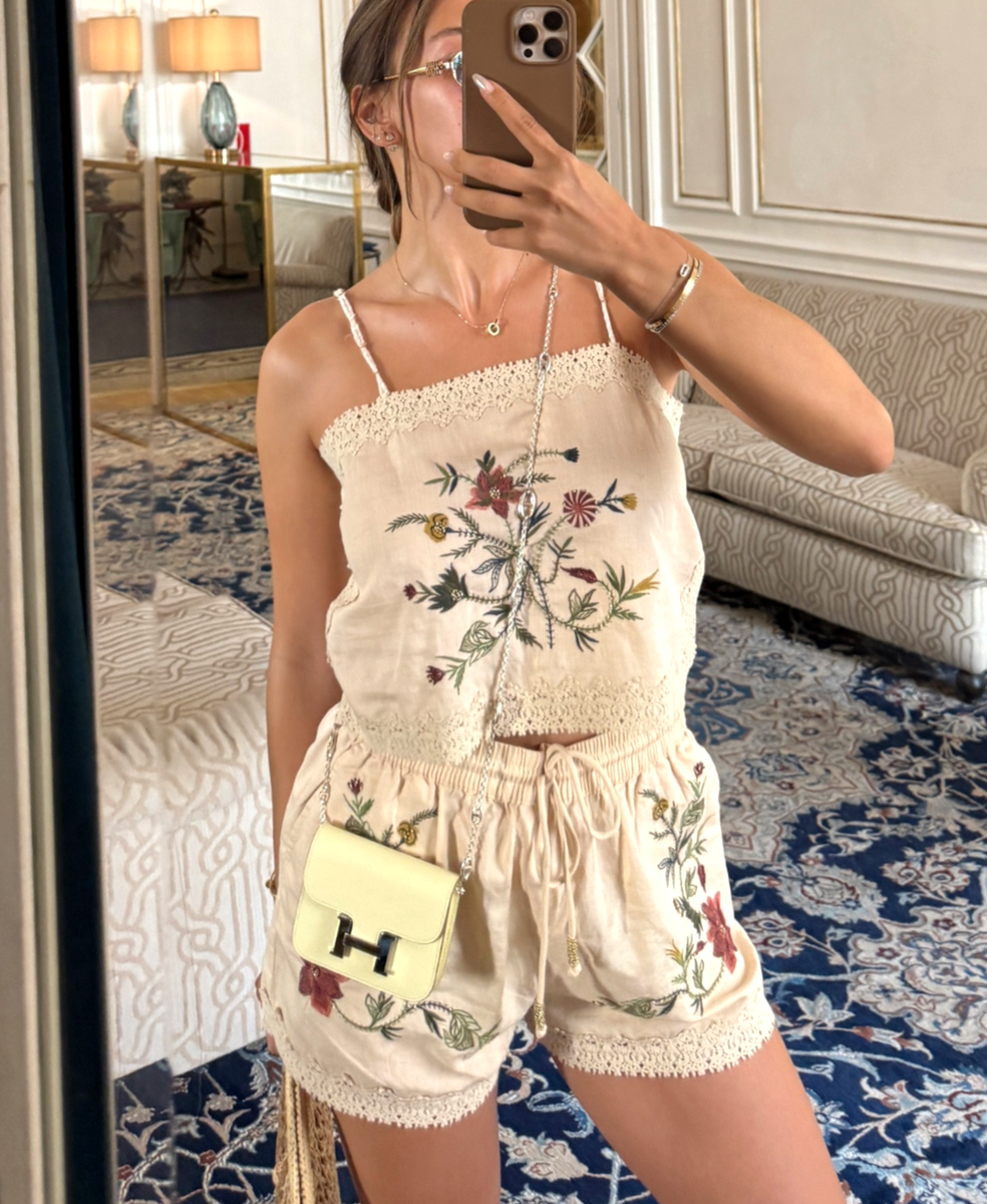 Zara ZW Collection Embroidered Co Ord Set Top Bermuda Shorts XS