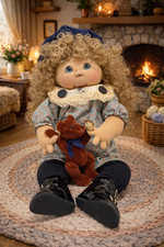 VTG 1996 Jan Shackelford OOAK Doll Signed Soft Sculture 18" Holding Teddy Bear