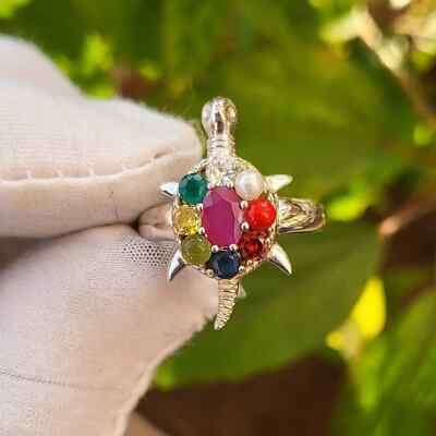 Navratna Tortoise (Turtle) Ring Navgrah 9 Gemstone's Astrological Energy Bless