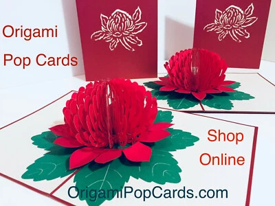ORIGAMI POP CARDS Native Australian Red Waratah Flower 3D Pop Up Greeting Card