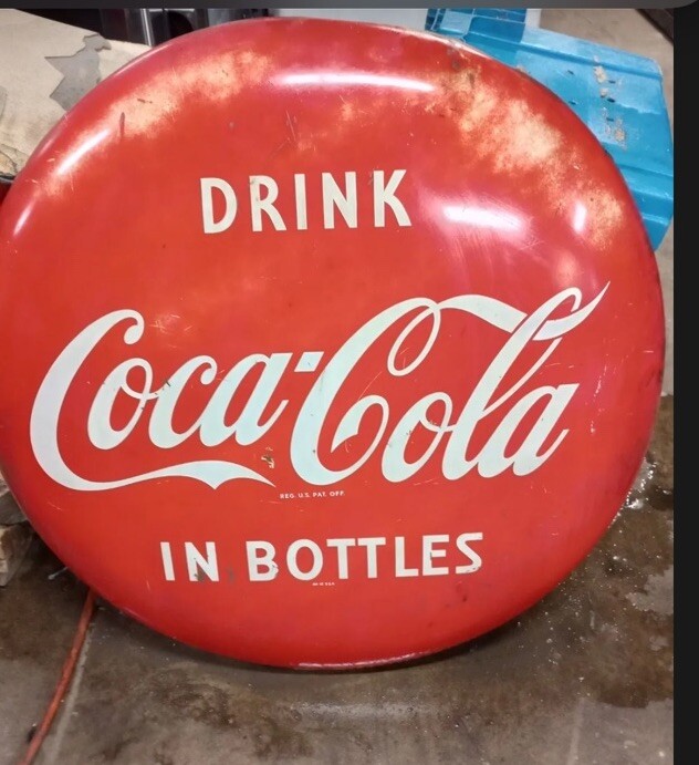 COCA-COLA 36” Coke BUTTON SIGN C1950 ORIGINAL METAL Advertising