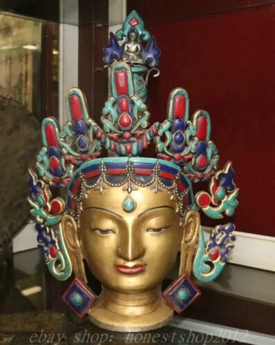 17" Tibet Silber Inlay Türkis Rote Koralle Kwan-Yin Tara Kopf Büste Maske Statue - Bild 1 von 7