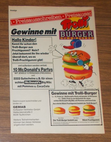 Seltene Werbung Storck TROLLI BURGER Gummibonbon McDonald's Party Promo 1990